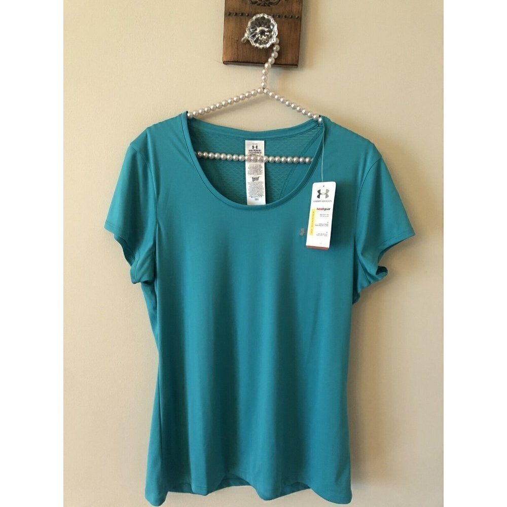 NWT Under Armour Womens Size M Teal Running Shirt Fitted HeatGear Short Sleeve